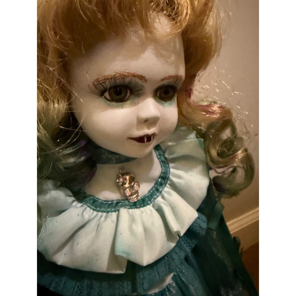 OOAK Gothic Glampire Vampire Porcelain Doll 18” Teal Lace Fang Teeth w/ Stand - Picture 2 of 9